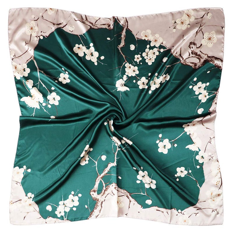 vabovin Women's Silk Feeling Neckerchief Large Square Satin Scarf Fashion Bandanas (Green Sliver Plum Blossom) - Image 1
